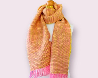 Handwoven Merino Wool Scarf: Yellow with Pink Fringe