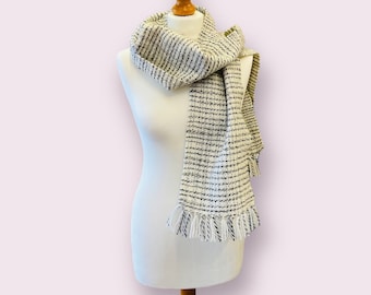 Handwoven Merino Wool Scarf: Black and White Fringe Scarf