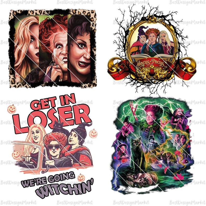 May include: A digital collage of four images featuring the Sanderson sisters from the movie Hocus Pocus. The first image shows the three sisters in a close-up portrait. The second image shows the sisters in a scene from the movie with the text "Hocus Pocus". The third image shows the sisters in a car with the text "Get in Loser, We're Going Witchin'". The fourth image shows the sisters in a scene from the movie with a black cat and other characters.