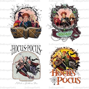 May include: Four different designs featuring the Sanderson sisters from the movie Hocus Pocus. The first design shows the sisters with a book. The second design shows the sisters in a circle with the word "Squad" in the center. The third design shows the sisters flying on a broomstick with the text "Hocus Pocus" and "I Put a Spell on You". The fourth design shows the sisters flying on a broomstick with the text "Hocus Pocus".