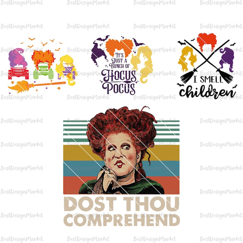 May include: A digital design featuring a vintage-style illustration of Winifred Sanderson from the movie Hocus Pocus. The design includes the text "Dost thou comprehend" and a striped background in shades of blue, yellow, and orange.