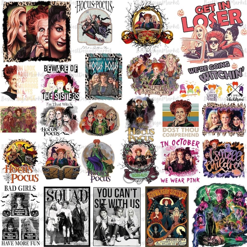 May include: A collage of 20 colorful images featuring the Sanderson sisters from the movie Hocus Pocus. The images include various scenes from the movie, including the sisters flying on broomsticks, riding in a car, and casting spells. The images also include text such as "Hocus Pocus", "Get in Loser", "We're Going Witchin'" and "Dost Thou Comprehend in October".