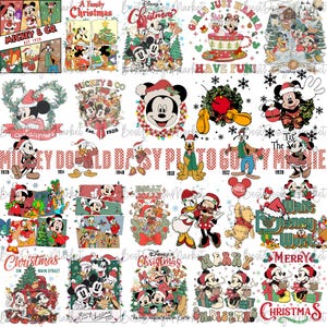 Puede incluir: Una colección de gráficos de personajes de Disney con temática navideña. Mickey Mouse, el Pato Donald y otros personajes aparecen en escenas festivas con gorros de Papá Noel y decoraciones navideñas. El texto incluye "Feliz Navidad" y "Disney's Christmas".