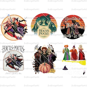 May include: Six different designs featuring the Sanderson sisters from the movie Hocus Pocus. The designs include the sisters flying on a broomstick, a vintage-style graphic with the text "Hocus Pocus", a graphic with the text "Don't be a Salty Witch", and a graphic with the sisters standing in front of a pumpkin.