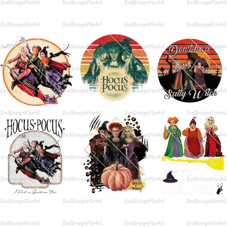 May include: Six different designs featuring the Sanderson sisters from the movie Hocus Pocus. The designs include the sisters flying on a broomstick, a vintage-style graphic with the text "Hocus Pocus", a graphic with the text "Don't be a Salty Witch", and a graphic with the sisters standing in front of a pumpkin.