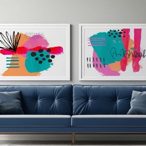 Modern Abstract Paintings Set of Two. Digital. Home/Office Decor. Wall Art. Magenta, Pink and Teal.