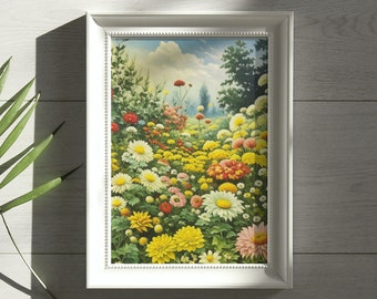 Flowers Wall Art, Digital Download, Printable Wall Art, Vintage Farm House, Printable Wildflower Field, Colorful Wall Art, Vintage Wall Art