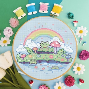 Rainbow Frog Pond Cross Stitch - Cosy Festive Cat Pumpkin Modern Pattern  - Digital PDF, Instant Download