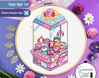 Kirby Plush Claw Machine - Cute Retro Gaming Cross Stitch Pattern - Digital PDF, Instant Download