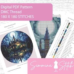 May include: Digital PDF pattern for cross-stitch featuring a magical wizarding castle design. The pattern includes DMC thread instructions and is 180 x 180 stitches. The design size is 180 x 183 stitches. The image also includes the text "Simmina Stitch".