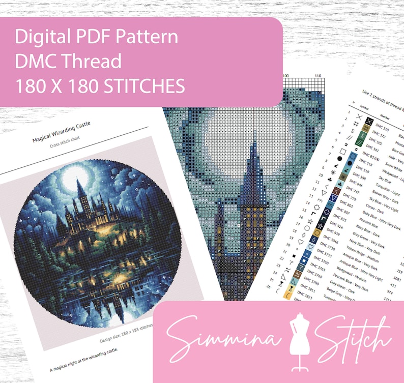 May include: Digital PDF pattern for cross-stitch featuring a magical wizarding castle design. The pattern includes DMC thread instructions and is 180 x 180 stitches. The design size is 180 x 183 stitches. The image also includes the text "Simmina Stitch".