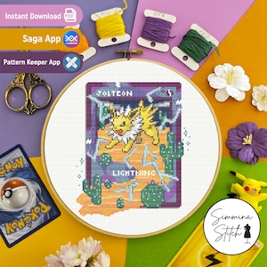 Pokemon Card - Jolteon - schattig, gezellig gaming-bloemenkruissteekpatroon - digitale pdf, direct downloaden