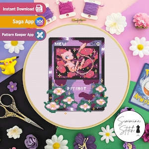 Pokemon Card - Mew - schattig, gezellig gaming-bloemenborduurpatroon - digitale pdf, direct downloaden