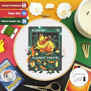 Tarjeta Pokemon - Flareon - Lindo y acogedor patrón de punto de cruz floral para juegos - PDF digital, descarga instantánea