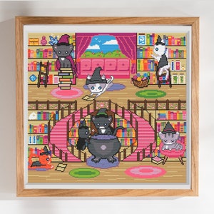 Kitty Witch Library Pattern - Cute Adorable Cat Cross Stitch - Digital PDF, Instant Download