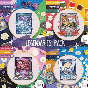 Colección Pokémon Legendarios - Colección de Tarjetas Florales Bonitas - Patrón de Punto de Cruz - PDF Digital, Descarga Instantánea