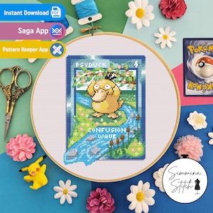 Carte Pokémon - Psyduck - Joli motif floral de jeu confortable au point de croix - PDF numérique, téléchargement immédiat