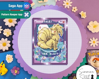 Carta Pokémon - Ninetales - Simpatico schema a punto croce floreale a tema videogiochi - PDF digitale, download immediato
