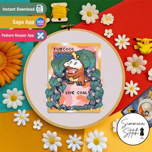 Tarjeta Pokémon - Fuecoco - Patrón de punto de cruz floral para juegos acogedores y lindos - PDF digital, descarga instantánea