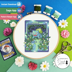 Carte Pokémon - Bulbizarre - Joli motif floral de jeu au point de croix - PDF numérique, téléchargement immédiat