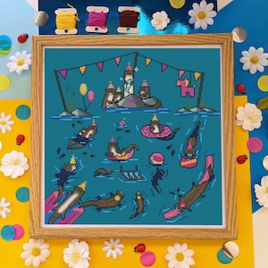 Otter Party Pattern - Cute Adorable Celebration Cross Stitch - Digital PDF, Instant Download