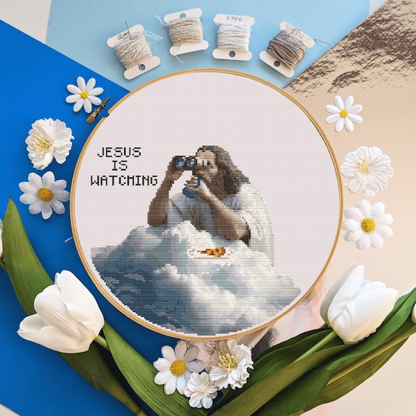 Jesus is Watching Pattern - Funny Subversive Religious Cross Stitch - Digital PDF, Instant Download