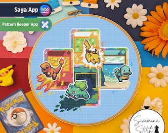 Carte Pokémon iniziali di prima generazione - Punto croce moderno per videogiochi - PDF digitale, download immediato