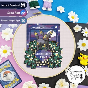 Pokemon Card - Umbreon - schattig, gezellig gaming-bloemenkruissteekpatroon - digitale pdf, direct downloaden