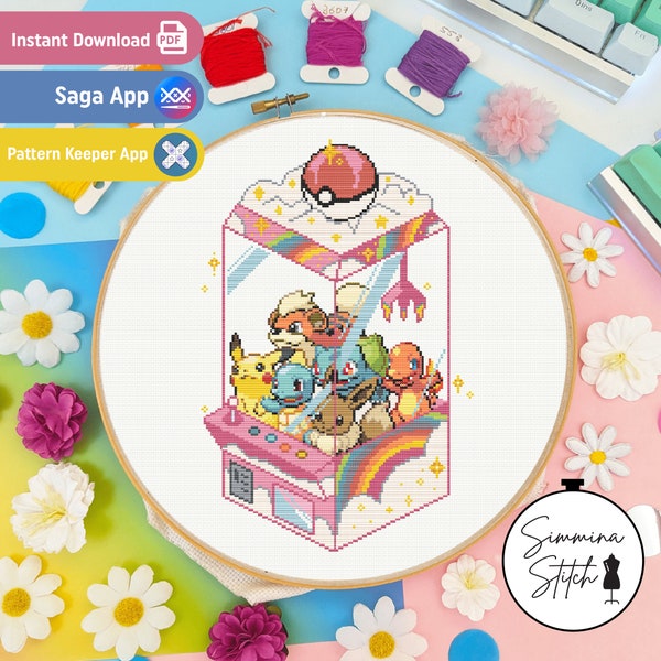 Pokemon Plush Claw Machine - Cute Dreamy Pastel Cross Stitch Pattern - Digital PDF, Instant Download