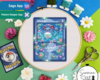 Carta Pokémon - Marill - Simpatico e accogliente schema a punto croce floreale a tema videogiochi - PDF digitale, download immediato