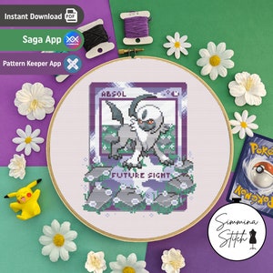 Pokemon Card - Absol - Cute Cozy Gaming Floral Cross Stitch Patroon - Digitale PDF, Instant Download