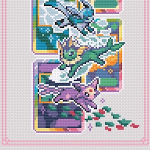 May include: Cross-stitch art featuring three colorful creatures. The top creature is blue and white, the middle is green and yellow, and the bottom is purple and pink. Each is set against a framed background with pastel colors.