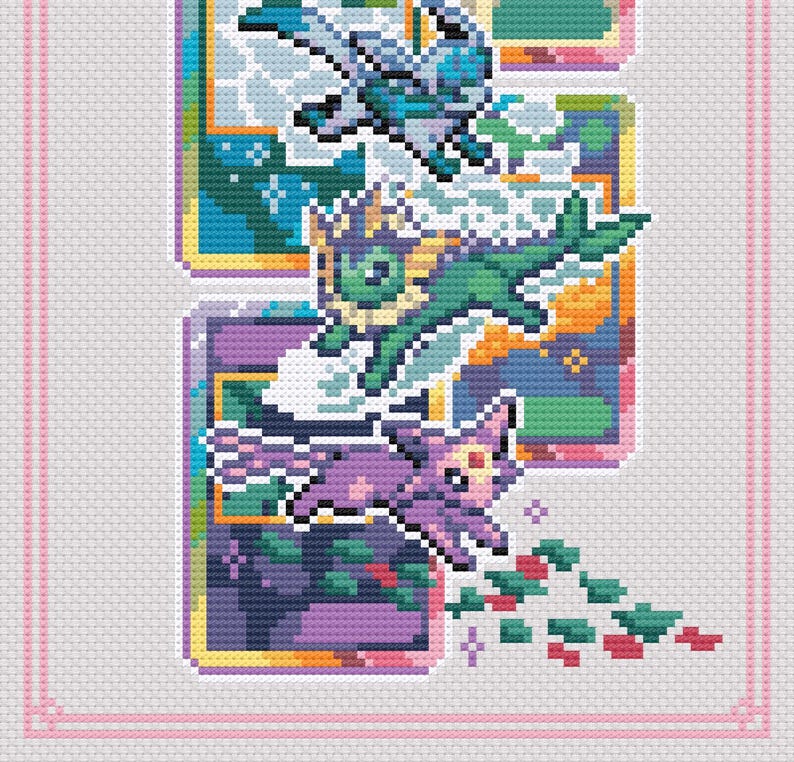 May include: Cross-stitch art featuring three colorful creatures. The top creature is blue and white, the middle is green and yellow, and the bottom is purple and pink. Each is set against a framed background with pastel colors.