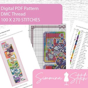 May include: Digital PDF cross-stitch pattern with DMC thread instructions. The pattern includes a colorful design of Pokemon cards. The text on the image reads "100 X 270 STITCHES". The Simmina Stitch logo is also visible.