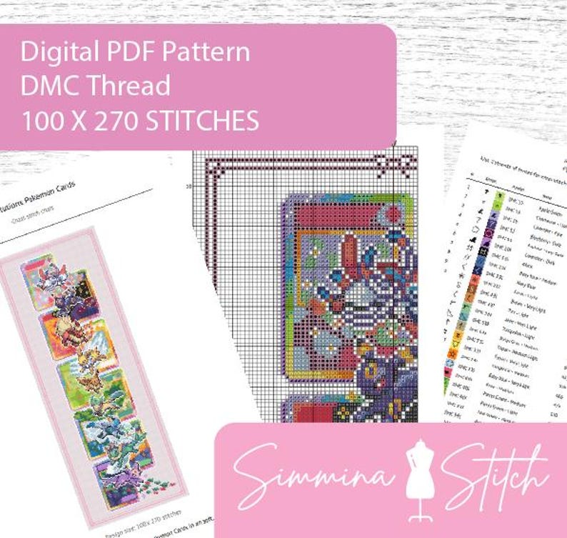 May include: Digital PDF cross-stitch pattern with DMC thread instructions. The pattern includes a colorful design of Pokemon cards. The text on the image reads "100 X 270 STITCHES". The Simmina Stitch logo is also visible.