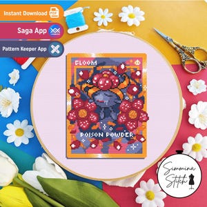 Op de afbeelding: Een kruissteekpatroon in een houten borduurring met een Gloom-figuur omringd door rode bloemen en de tekst Gloom en Poison Powder. Het ontwerp gebruikt een pixelstijl met een paars, oranje en rood kleurenpalet op een roze ondergrond.