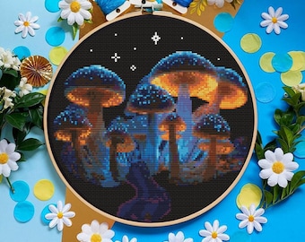 Glow Fungi Forest Pattern - Luminescent Mushroom Cross Stitch - Digital PDF, Instant Download