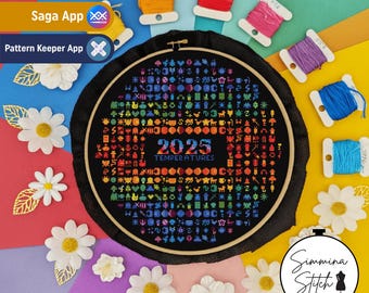 Witchy Temperature Chart Minimum and Maximum Cross Stitch Pattern - Year Tracker - Digital PDF, Instant Download
