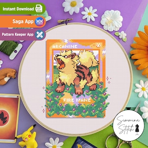 Pokemon Card - Arcanine - schattig, gezellig gaming-bloemenkruissteekpatroon - digitale pdf, direct downloaden