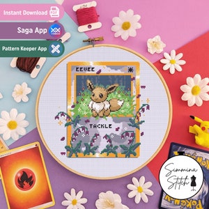 Pokemon Card - Eevee - schattig gaming bloemenborduurpatroon - digitale pdf, direct downloaden