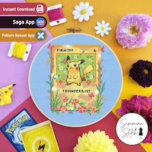 Carte Pokémon - Pikachu - joli motif floral de jeu confortable au point de croix - PDF numérique, téléchargement immédiat