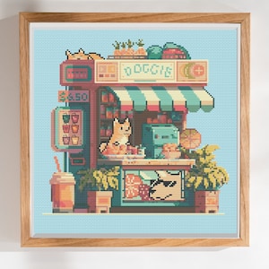 Cute Dog, Juice Shop Pattern - Cute Adorable Shiba Inu Cross Stitch - Digital PDF, Instant Download