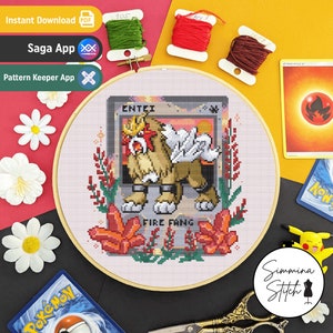 Tarjeta Pokémon - Entei - Lindo patrón de punto de cruz floral para juegos legendarios - PDF digital, descarga instantánea