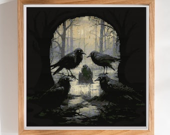 Motif forêt effrayant corbeau - image cachée illusion crâne Halloween point de croix - PDF numérique, téléchargement immédiat