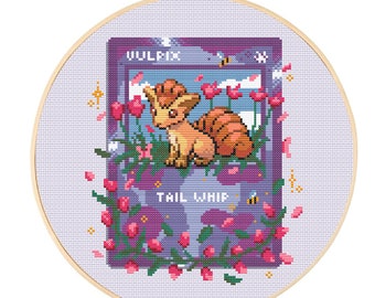 Tarjeta Pokemon - Vulpix - Lindo y acogedor patrón de punto de cruz floral para juegos - PDF digital, descarga instantánea