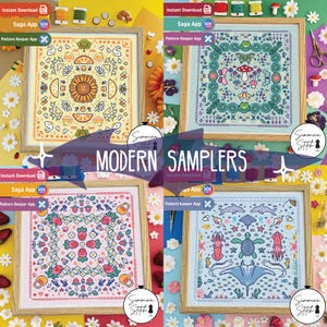 Puede incluir: Cuatro patrones de punto de cruz enmarcados con una estética moderna. Los patrones son: un girasol con limones y naranjas, una escena de setas y mariposas, una escena de fresas y pájaros, y una tortuga marina con criaturas marinas.