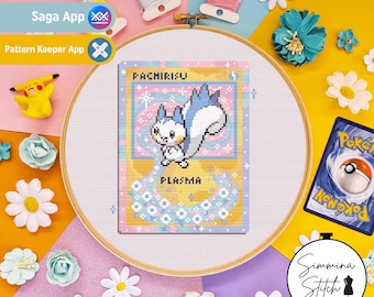 Carta Pokémon - Pachirisu - Simpatico e accogliente schema a punto croce floreale a tema videogiochi - PDF digitale, download immediato
