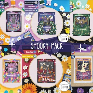 Op de afbeelding: Een verzameling kruissteekpatronen met verschillende griezelige personages. Elk ontwerp wordt gepresenteerd als een kaart met de naam van het personage en een gerelateerde zin. De tekst "SPOOKY PACK" is prominent aanwezig.