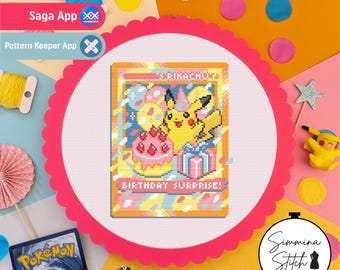 Pokemon Card - Birthday Pikachu - Cute Cosy Gaming Gift Cross Stitch Pattern - Digital PDF, Instant Download