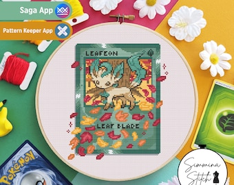 Pokemon Card - Leafeon - Cute Cosy Gaming Floral Cross Stitch Pattern - Digital PDF, Instant Download